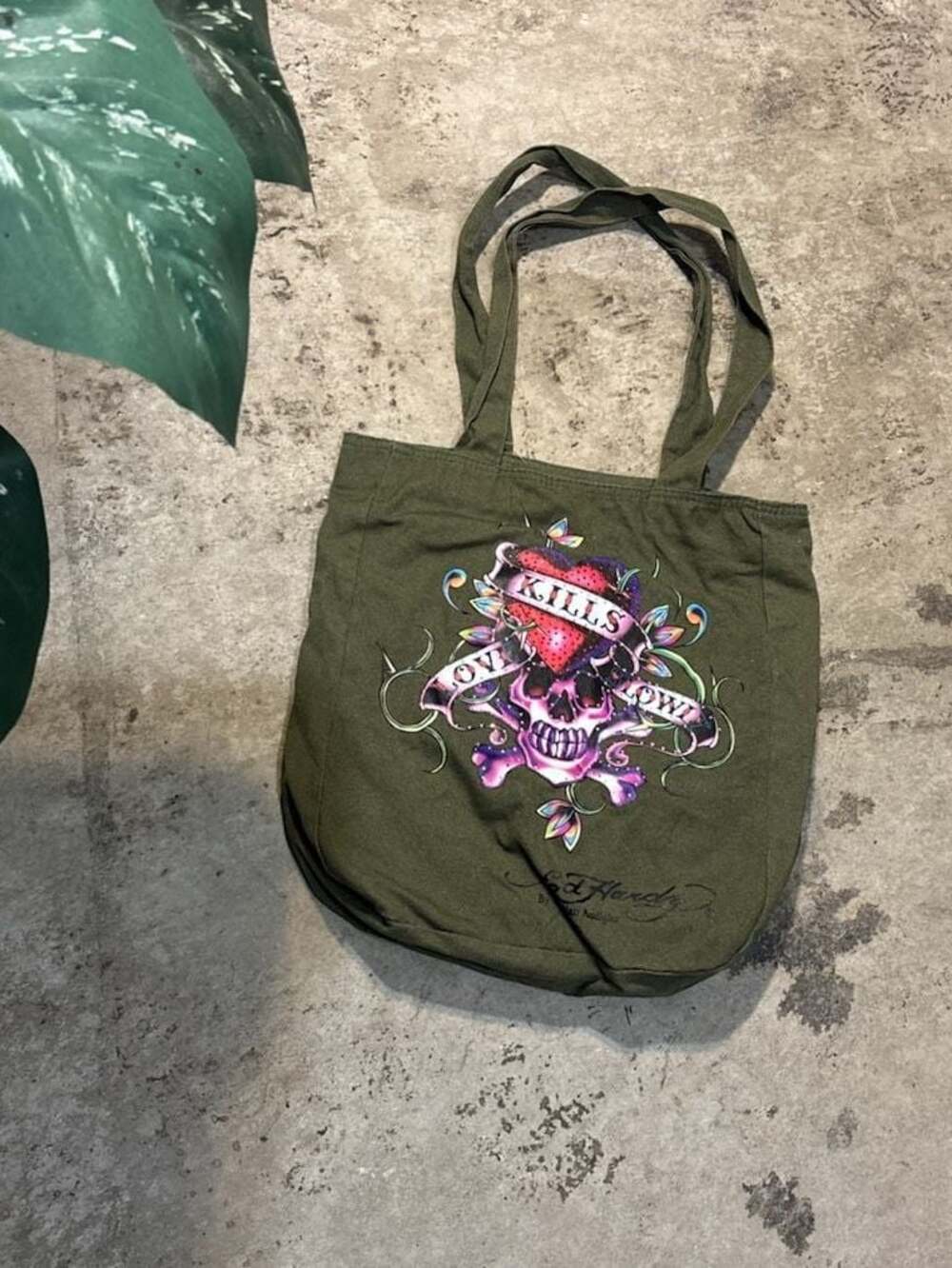 Ed Hardy by Christian Audigier Love Kills Slowly Olive Green Cotton Tote Bag